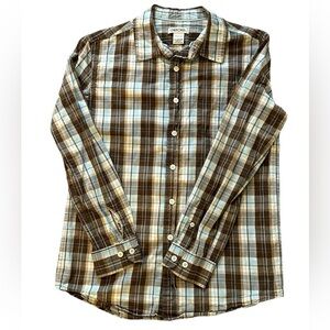 Cherokee Boys Brown Blue Plaid Long Sleeve Cotton Button Down Shirt Size 12/14